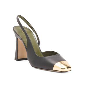 MARIA LUCA Black Made In Italy Leather Slingback Heels With Gold Tone Toe Cap
